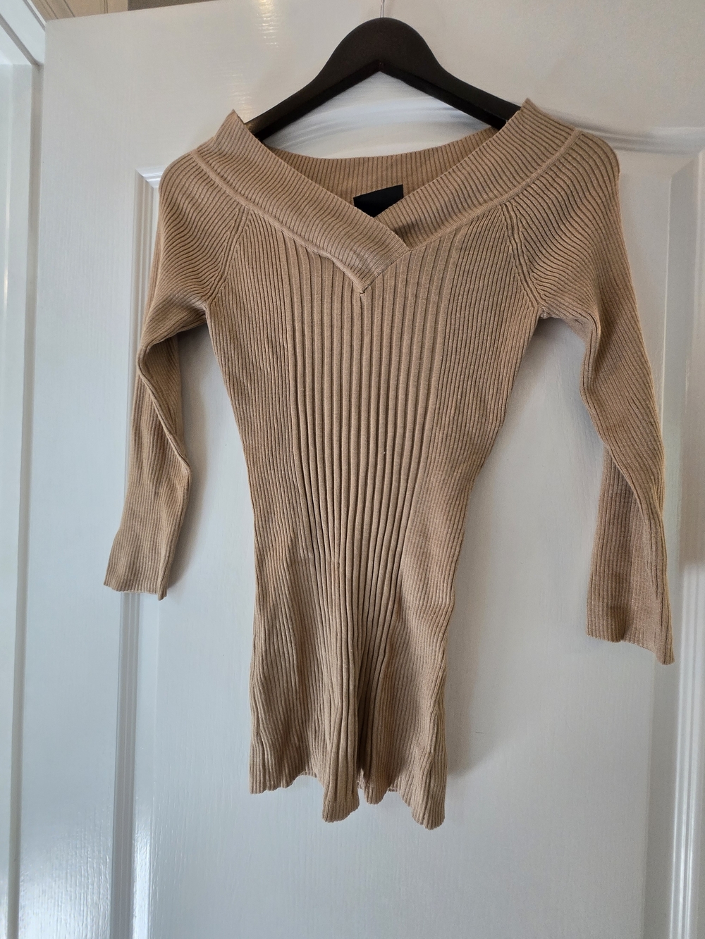 It's Our Time Ribbed Off-Shoulder Sweater Top in Tan